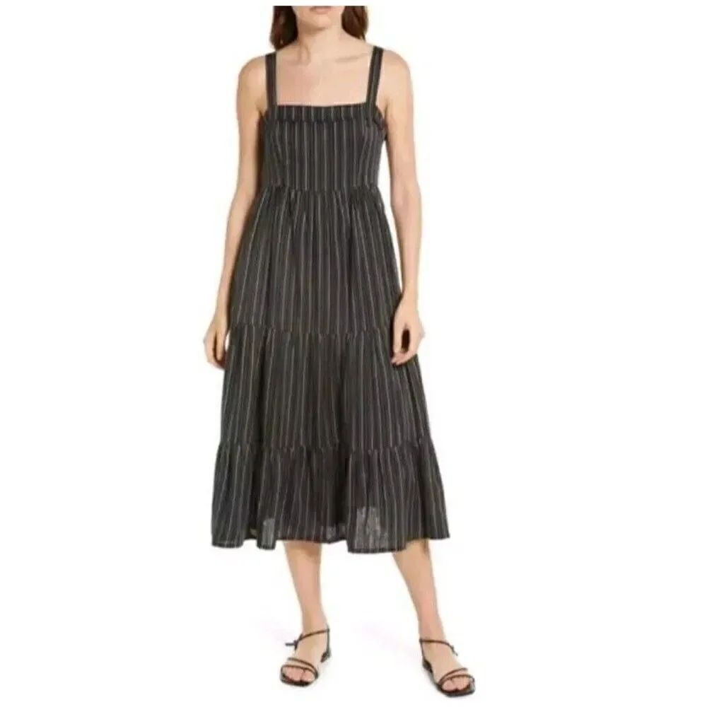 Paige Women's Blue Striped Santibel Tiered Midi Dress Size Medium